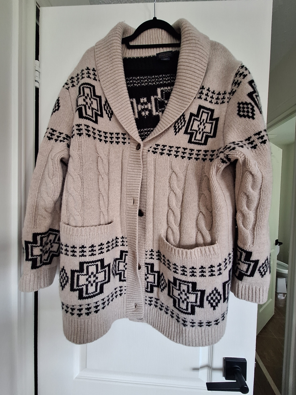 Pendleton Beige and Black Shawl Collar Cable Knit Cardigan